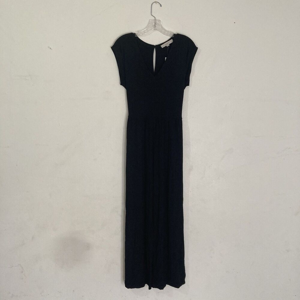 ANN TAYLOR LOFT black v-neck jersey knit wide leg one piece pants romper M